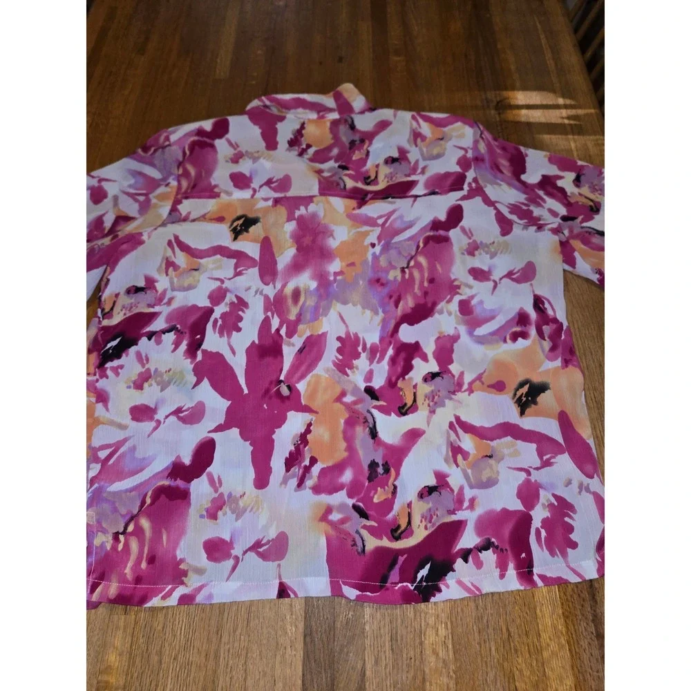National Women XL Pink Orange Floral Spring Summer Button Down Short Sleeve Top - Picture 10 of 11